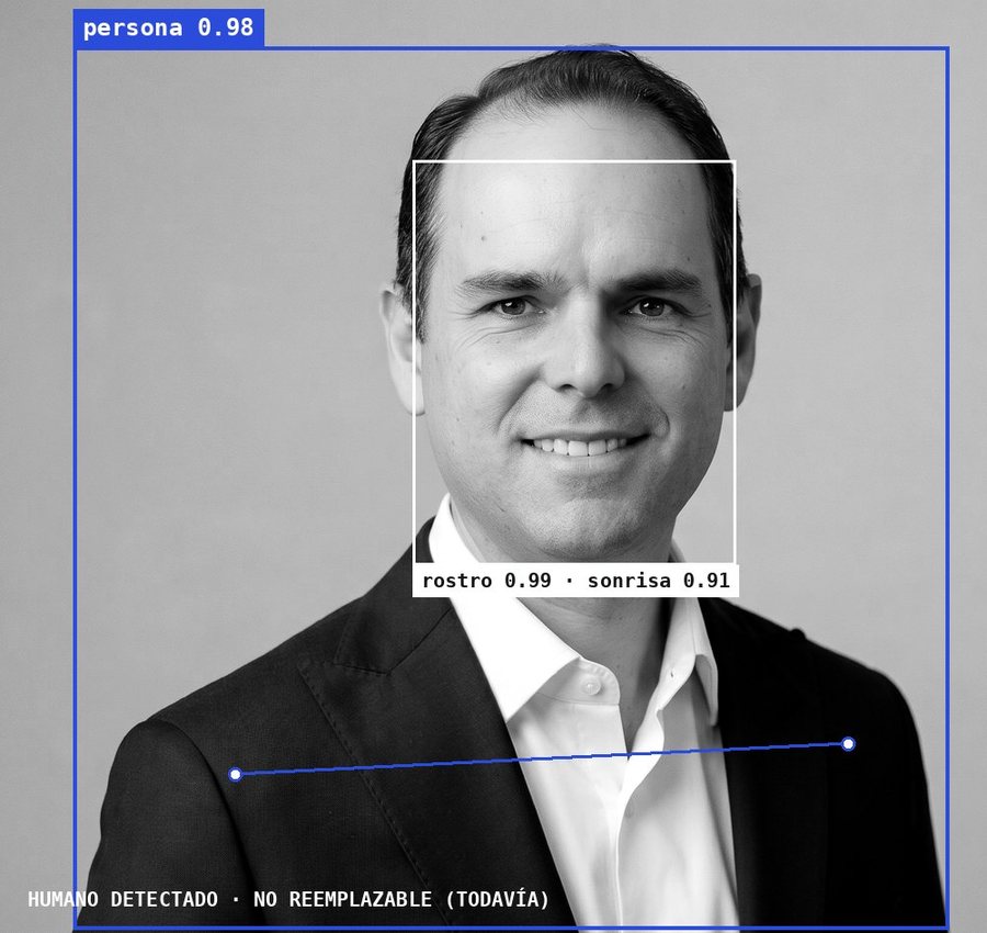 Photo of Enrique Bay with computer vision boxes: person 0.98, face 0.99, smile 0.91. At the bottom it reads: human detected, not replaceable (yet).